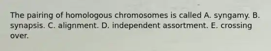 The pairing of homologous chromosomes is called A. syngamy. B. synapsis. C. alignment. D. independent assortment. E. crossing over.