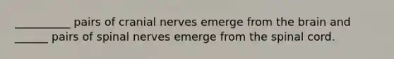 __________ pairs of <a href='https://www.questionai.com/knowledge/kE0S4sPl98-cranial-nerves' class='anchor-knowledge'>cranial nerves</a> emerge from <a href='https://www.questionai.com/knowledge/kLMtJeqKp6-the-brain' class='anchor-knowledge'>the brain</a> and ______ pairs of spinal nerves emerge from <a href='https://www.questionai.com/knowledge/kkAfzcJHuZ-the-spinal-cord' class='anchor-knowledge'>the spinal cord</a>.