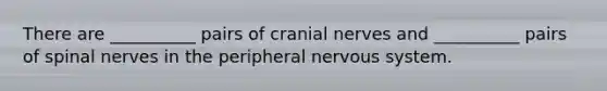 There are __________ pairs of cranial nerves and __________ pairs of spinal nerves in the peripheral nervous system.