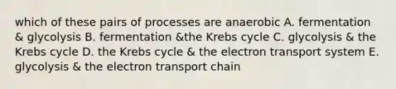 which of these pairs of processes are anaerobic A. fermentation & glycolysis B. fermentation &the Krebs cycle C. glycolysis & the Krebs cycle D. the Krebs cycle & the electron transport system E. glycolysis & the electron transport chain