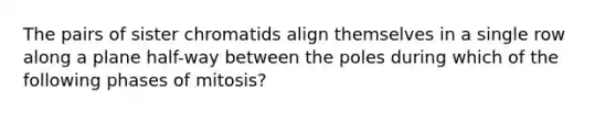 The pairs of sister chromatids align themselves in a single row along a plane half-way between the poles during which of the following phases of mitosis?