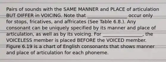 Pairs of sounds with the SAME MANNER and PLACE of articulation BUT DIFFER in VOICING. Note that _________________ occur only for stops, fricatives, and affricates (See Table 6.8.). Any consonant can be uniquely specified by its manner and place of articulation, as well as by its voicing. For _________________, the VOICELESS member is placed BEFORE the VOICED member. Figure 6.19 is a chart of English consonants that shows manner and place of articulation for each phoneme.