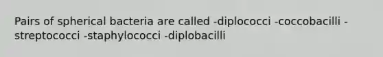 Pairs of spherical bacteria are called -diplococci -coccobacilli -streptococci -staphylococci -diplobacilli