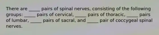 There are _____ pairs of spinal nerves, consisting of the following groups: _____ pairs of cervical, _____ pairs of thoracic, _____ pairs of lumbar, _____ pairs of sacral, and _____ pair of coccygeal spinal nerves.