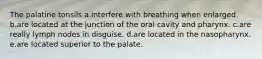 The palatine tonsils a.interfere with breathing when enlarged. b.are located at the junction of the oral cavity and pharynx. c.are really lymph nodes in disguise. d.are located in the nasopharynx. e.are located superior to the palate.