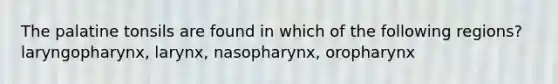 The palatine tonsils are found in which of the following regions? laryngopharynx, larynx, nasopharynx, oropharynx