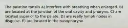 The palatine tonsils A) interfere with breathing when enlarged. B) are located at the junction of the oral cavity and pharynx. C) are located superior to the palate. D) are really lymph nodes in disguise. E) are located in the nasopharynx.