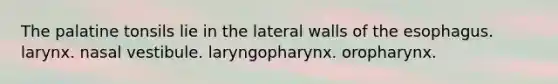 The palatine tonsils lie in the lateral walls of the esophagus. larynx. nasal vestibule. laryngopharynx. oropharynx.