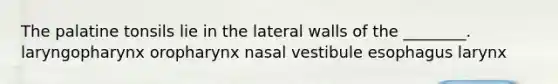 The palatine tonsils lie in the lateral walls of the ________. laryngopharynx oropharynx nasal vestibule esophagus larynx