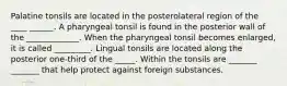 Palatine tonsils are located in the posterolateral region of the ____ ______. A pharyngeal tonsil is found in the posterior wall of the _____________. When the pharyngeal tonsil becomes enlarged, it is called _________. Lingual tonsils are located along the posterior one-third of the _____. Within the tonsils are _______ _______ that help protect against foreign substances.