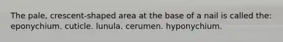 The pale, crescent-shaped area at the base of a nail is called the: eponychium. cuticle. lunula. cerumen. hyponychium.