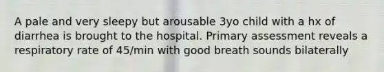 A pale and very sleepy but arousable 3yo child with a hx of diarrhea is brought to the hospital. Primary assessment reveals a respiratory rate of 45/min with good breath sounds bilaterally