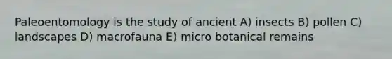 Paleoentomology is the study of ancient A) insects B) pollen C) landscapes D) macrofauna E) micro botanical remains