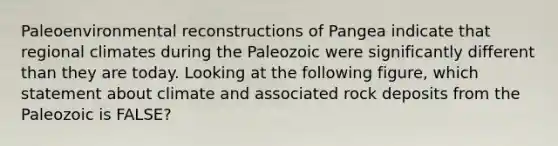 Paleoenvironmental reconstructions of Pangea indicate that regional climates during the Paleozoic were significantly different than they are today. Looking at the following figure, which statement about climate and associated rock deposits from the Paleozoic is FALSE?