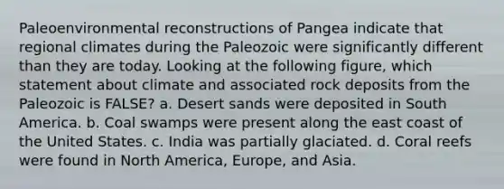 Paleoenvironmental reconstructions of Pangea indicate that regional climates during the Paleozoic were significantly different than they are today. Looking at the following figure, which statement about climate and associated rock deposits from the Paleozoic is FALSE? a. Desert sands were deposited in South America. b. Coal swamps were present along the east coast of the United States. c. India was partially glaciated. d. Coral reefs were found in North America, Europe, and Asia.