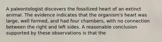 A paleontologist discovers the fossilized heart of an extinct animal. The evidence indicates that the organism's heart was large, well formed, and had four chambers, with no connection between the right and left sides. A reasonable conclusion supported by these observations is that the