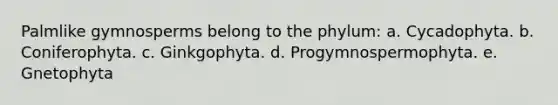 Palmlike gymnosperms belong to the phylum: a. Cycadophyta. b. Coniferophyta. c. Ginkgophyta. d. Progymnospermophyta. e. Gnetophyta