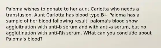 Paloma wishes to donate to her aunt Carlotta who needs a transfusion. Aunt Carlotta has blood type B+ Paloma has a sample of her blood following result: paloma's blood show aggluitnation with anti-b serum and with anti-a serum, but no agglutination with anti-Rh serum. WHat can you conclude about Paloma's blood?