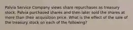 Palvia Service Company views share repurchases as treasury stock. Palvia purchased shares and then later sold the shares at more than their acquisition price. What is the effect of the sale of the treasury stock on each of the following?