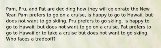 Pam, Pru, and Pat are deciding how they will celebrate the New Year. Pam prefers to go on a​ cruise, is happy to go to​ Hawaii, but does not want to go skiing. Pru prefers to go​ skiing, is happy to go to​ Hawaii, but does not want to go on a cruise. Pat prefers to go to Hawaii or to take a cruise but does not want to go skiing. Who faces a​ tradeoff?