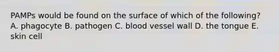 PAMPs would be found on the surface of which of the following? A. phagocyte B. pathogen C. blood vessel wall D. the tongue E. skin cell