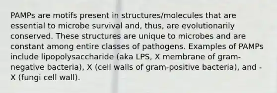 PAMPs are motifs present in structures/molecules that are essential to microbe survival and, thus, are evolutionarily conserved. These structures are unique to microbes and are constant among entire classes of pathogens. Examples of PAMPs include lipopolysaccharide (aka LPS, X membrane of gram-negative bacteria), X (cell walls of gram-positive bacteria), and -X (fungi cell wall).