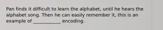 Pan finds it difficult to learn the alphabet, until he hears the alphabet song. Then he can easily remember it, this is an example of ____________ encoding.