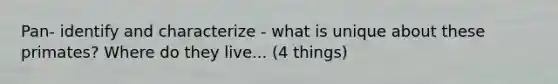 Pan- identify and characterize - what is unique about these primates? Where do they live... (4 things)