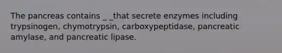 The pancreas contains _ _that secrete enzymes including trypsinogen, chymotrypsin, carboxypeptidase, pancreatic amylase, and pancreatic lipase.