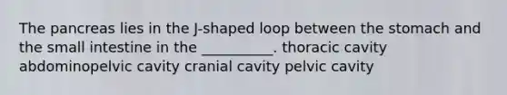 The pancreas lies in the J-shaped loop between the stomach and the small intestine in the __________. thoracic cavity abdominopelvic cavity cranial cavity pelvic cavity