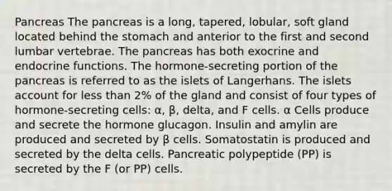 Pancreas The pancreas is a long, tapered, lobular, soft gland located behind the stomach and anterior to the first and second lumbar vertebrae. The pancreas has both exocrine and endocrine functions. The hormone-secreting portion of the pancreas is referred to as the islets of Langerhans. The islets account for less than 2% of the gland and consist of four types of hormone-secreting cells: α, β, delta, and F cells. α Cells produce and secrete the hormone glucagon. Insulin and amylin are produced and secreted by β cells. Somatostatin is produced and secreted by the delta cells. Pancreatic polypeptide (PP) is secreted by the F (or PP) cells.