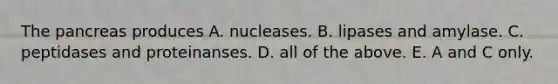 The pancreas produces A. nucleases. B. lipases and amylase. C. peptidases and proteinanses. D. all of the above. E. A and C only.