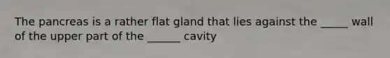 The pancreas is a rather flat gland that lies against the _____ wall of the upper part of the ______ cavity