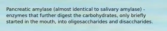 Pancreatic amylase (almost identical to salivary amylase) - enzymes that further digest the carbohydrates, only briefly started in <a href='https://www.questionai.com/knowledge/krBoWYDU6j-the-mouth' class='anchor-knowledge'>the mouth</a>, into oligosaccharides and disaccharides.