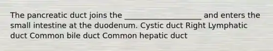 The pancreatic duct joins the ____________________ and enters <a href='https://www.questionai.com/knowledge/kt623fh5xn-the-small-intestine' class='anchor-knowledge'>the small intestine</a> at the duodenum. Cystic duct Right Lymphatic duct Common bile duct Common hepatic duct