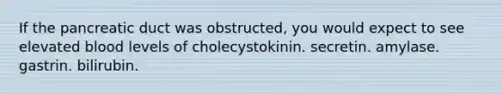 If the pancreatic duct was obstructed, you would expect to see elevated blood levels of cholecystokinin. secretin. amylase. gastrin. bilirubin.