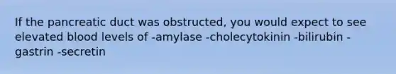 If the pancreatic duct was obstructed, you would expect to see elevated blood levels of -amylase -cholecytokinin -bilirubin -gastrin -secretin