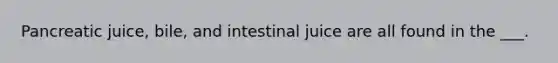 Pancreatic juice, bile, and intestinal juice are all found in the ___.