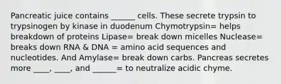 Pancreatic juice contains ______ cells. These secrete trypsin to trypsinogen by kinase in duodenum Chymotrypsin= helps breakdown of proteins Lipase= break down micelles Nuclease= breaks down RNA & DNA = amino acid sequences and nucleotides. And Amylase= break down carbs. Pancreas secretes more ____, ____, and ______= to neutralize acidic chyme.