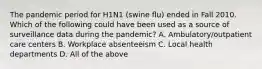 The pandemic period for H1N1 (swine flu) ended in Fall 2010. Which of the following could have been used as a source of surveillance data during the pandemic? A. Ambulatory/outpatient care centers B. Workplace absenteeism C. Local health departments D. All of the above