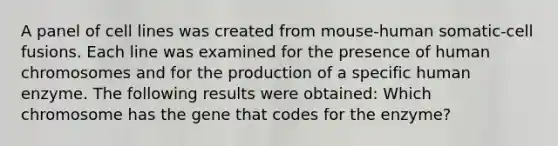 A panel of cell lines was created from mouse-human somatic-cell fusions. Each line was examined for the presence of human chromosomes and for the production of a specific human enzyme. The following results were obtained: Which chromosome has the gene that codes for the enzyme?