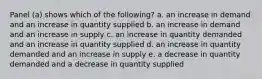 Panel (a) shows which of the following? a. an increase in demand and an increase in quantity supplied b. an increase in demand and an increase in supply c. an increase in quantity demanded and an increase in quantity supplied d. an increase in quantity demanded and an increase in supply e. a decrease in quantity demanded and a decrease in quantity supplied