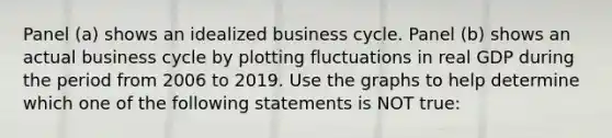 Panel​ (a) shows an idealized business cycle. Panel​ (b) shows an actual business cycle by plotting fluctuations in real GDP during the period from 2006 to 2019. Use the graphs to help determine which one of the following statements is NOT​ true: