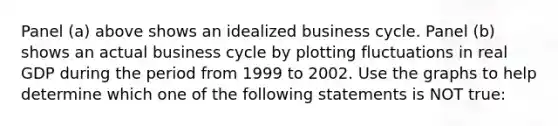 Panel​ (a) above shows an idealized business cycle. Panel​ (b) shows an actual business cycle by plotting fluctuations in real GDP during the period from 1999 to 2002. Use the graphs to help determine which one of the following statements is NOT​ true: