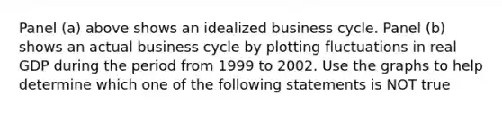 Panel​ (a) above shows an idealized business cycle. Panel​ (b) shows an actual business cycle by plotting fluctuations in real GDP during the period from 1999 to 2002. Use the graphs to help determine which one of the following statements is NOT​ true