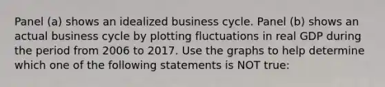 Panel​ (a) shows an idealized business cycle. Panel​ (b) shows an actual business cycle by plotting fluctuations in real GDP during the period from 2006 to 2017. Use the graphs to help determine which one of the following statements is NOT​ true: