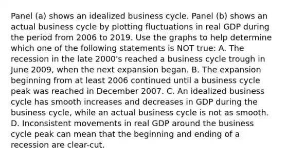 Panel​ (a) shows an idealized business cycle. Panel​ (b) shows an actual business cycle by plotting fluctuations in real GDP during the period from 2006 to 2019. Use the graphs to help determine which one of the following statements is NOT​ true: A. The recession in the late​ 2000's reached a business cycle trough in June​ 2009, when the next expansion began. B. The expansion beginning from at least 2006 continued until a business cycle peak was reached in December 2007. C. An idealized business cycle has smooth increases and decreases in GDP during the business​ cycle, while an actual business cycle is not as smooth. D. Inconsistent movements in real GDP around the business cycle peak can mean that the beginning and ending of a recession are​ clear-cut.