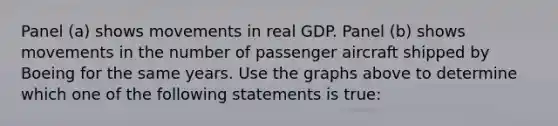 Panel (a) shows movements in real GDP. Panel​ (b) shows movements in the number of passenger aircraft shipped by Boeing for the same years. Use the graphs above to determine which one of the following statements is​ true: