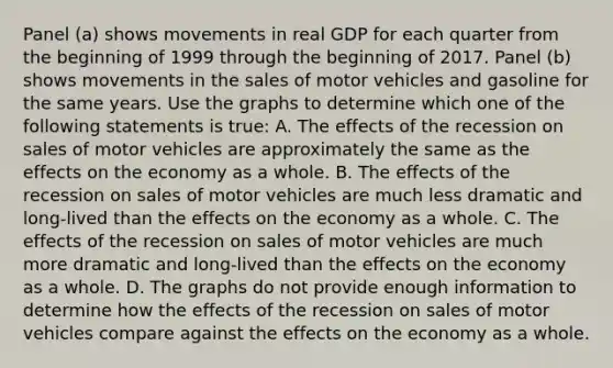 Panel​ (a) shows movements in real GDP for each quarter from the beginning of 1999 through the beginning of 2017. Panel​ (b) shows movements in the sales of motor vehicles and gasoline for the same years. Use the graphs to determine which one of the following statements is​ true: A. The effects of the recession on sales of motor vehicles are approximately the same as the effects on the economy as a whole. B. The effects of the recession on sales of motor vehicles are much less dramatic and​ long-lived than the effects on the economy as a whole. C. The effects of the recession on sales of motor vehicles are much more dramatic and​ long-lived than the effects on the economy as a whole. D. The graphs do not provide enough information to determine how the effects of the recession on sales of motor vehicles compare against the effects on the economy as a whole.