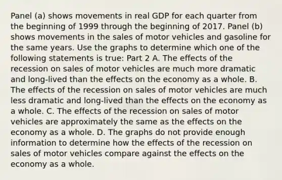 Panel​ (a) shows movements in real GDP for each quarter from the beginning of 1999 through the beginning of 2017. Panel​ (b) shows movements in the sales of motor vehicles and gasoline for the same years. Use the graphs to determine which one of the following statements is​ true: Part 2 A. The effects of the recession on sales of motor vehicles are much more dramatic and​ long-lived than the effects on the economy as a whole. B. The effects of the recession on sales of motor vehicles are much less dramatic and​ long-lived than the effects on the economy as a whole. C. The effects of the recession on sales of motor vehicles are approximately the same as the effects on the economy as a whole. D. The graphs do not provide enough information to determine how the effects of the recession on sales of motor vehicles compare against the effects on the economy as a whole.